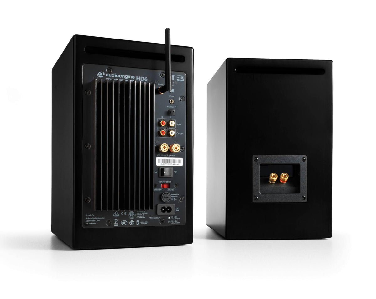 Audioengine HD6 walnut veneer cabinet detail for premium presence