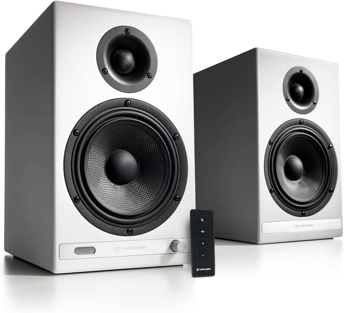 Audioengine HD6 front view with real wood veneer for compact setups