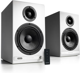 Audioengine HD6 front view with real wood veneer for compact setups