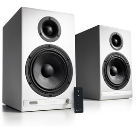 Audioengine HD6 real wood veneer finish complements living rooms