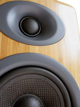 Audioengine P4 bamboo cabinet offers warm aesthetics and acoustic clarity.