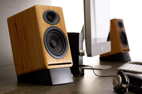 Audioengine P4 bamboo woofer delivers tight, musical low end.