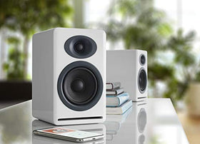 Audioengine P4 on a tidy desk setup delivering balanced stereo imaging.