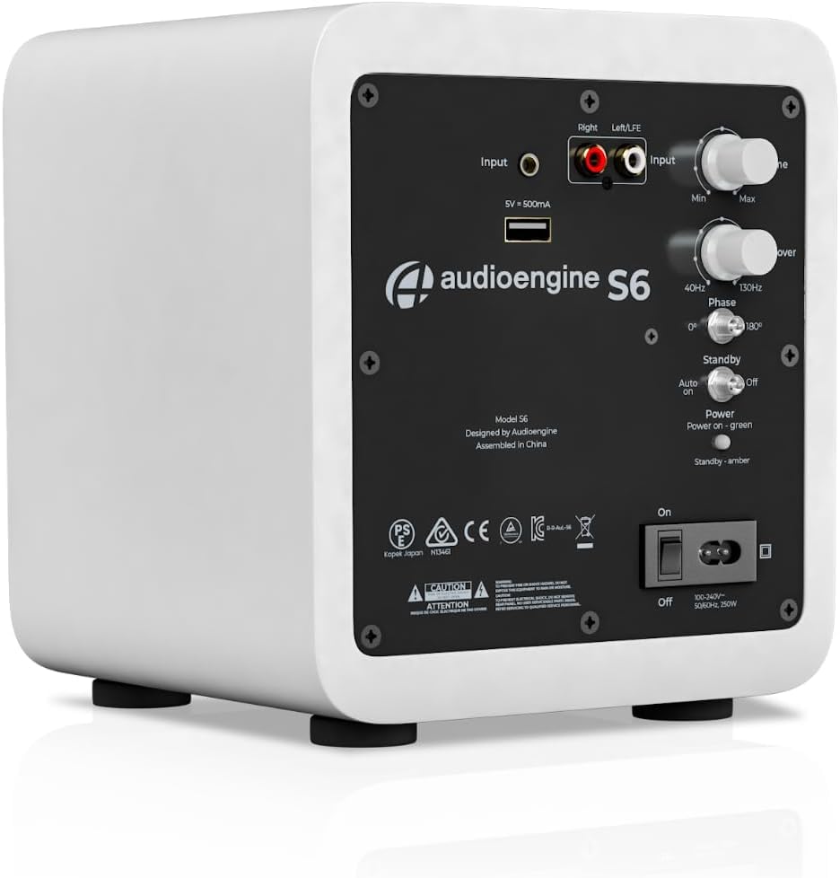 Audioengine S6 compact slim-subwoofer design saves space while enhancing deep tones.