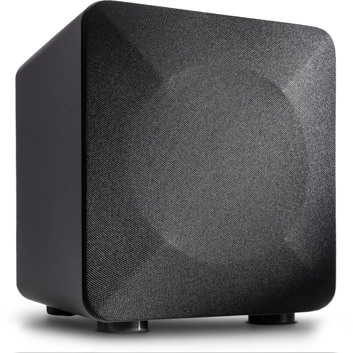 Audioengine S6 front-firing subwoofer closeup for deep bass in a living room.