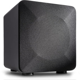 Audioengine S6 front-firing subwoofer closeup for deep bass in a living room.