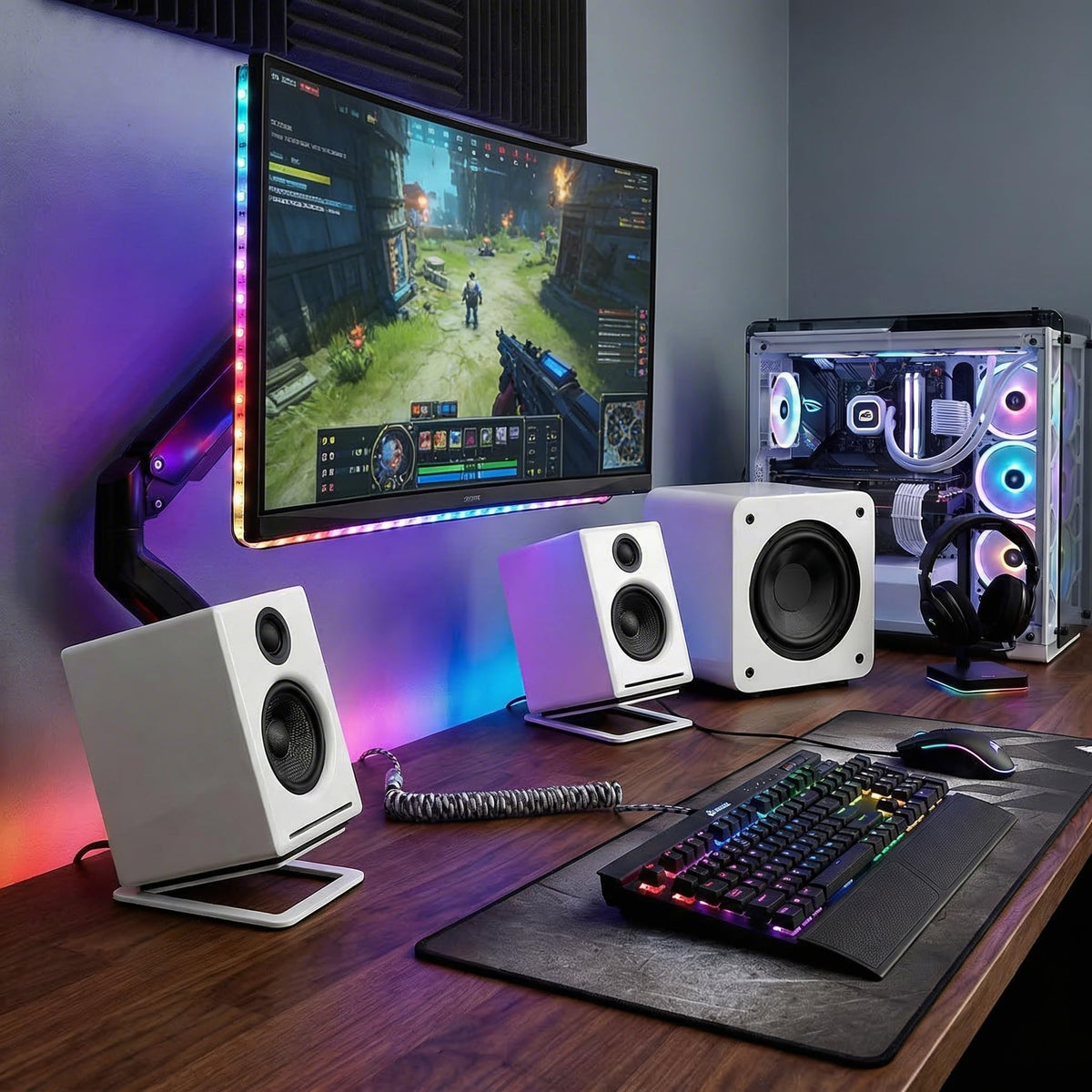 Audioengine S6 modern living room setup adds dynamic sound to movies and music.