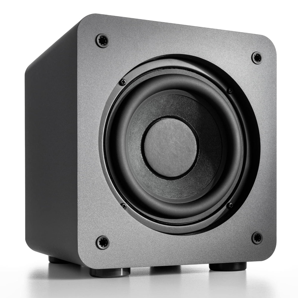 Audioengine S6 powered subwoofer demonstrates 210W peak capability for dynamic sound.