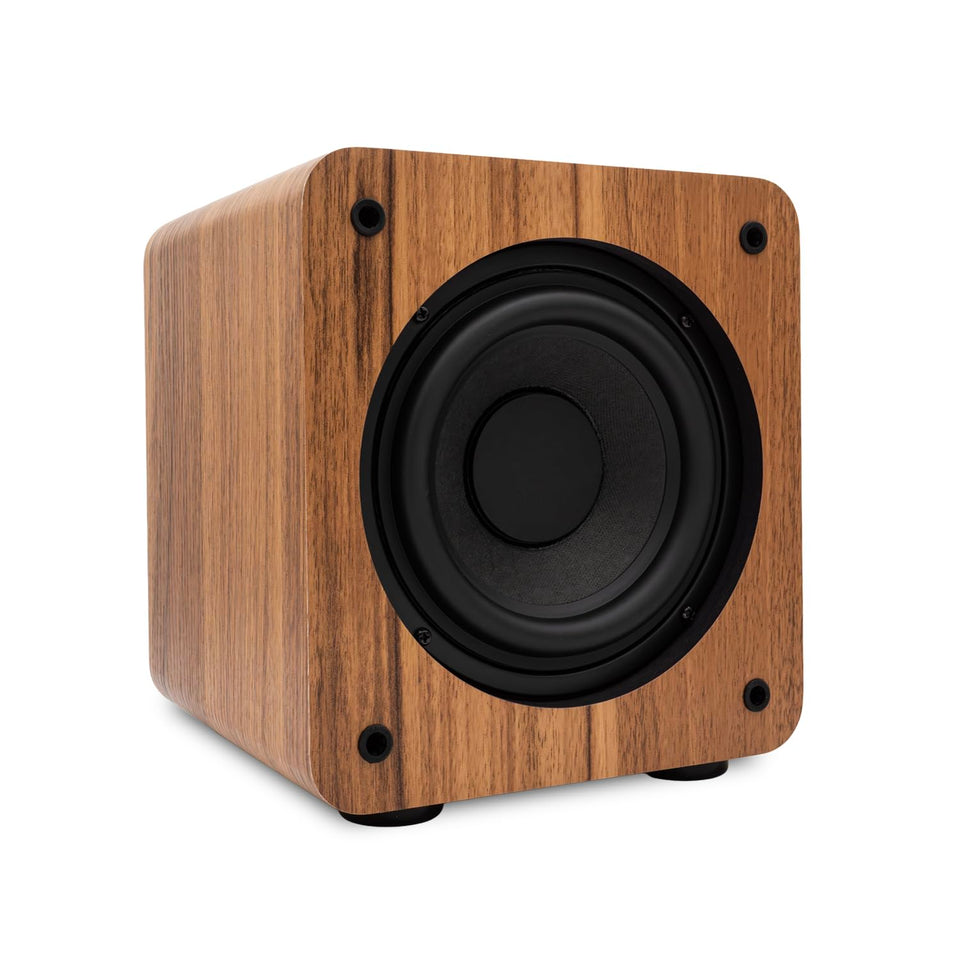 Audioengine S6 subwoofer front view showing compact design for immersive sound