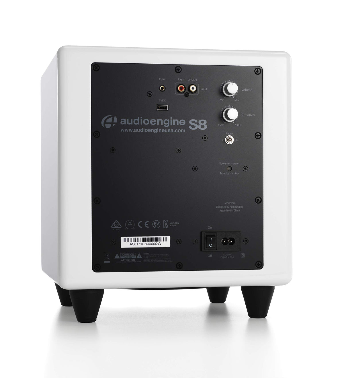 Audioengine S8 rear panel with controls for quick setup.