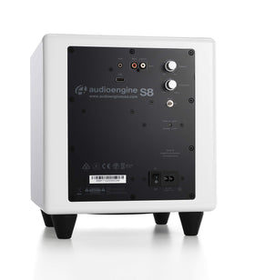 Audioengine S8 rear panel with controls for quick setup.