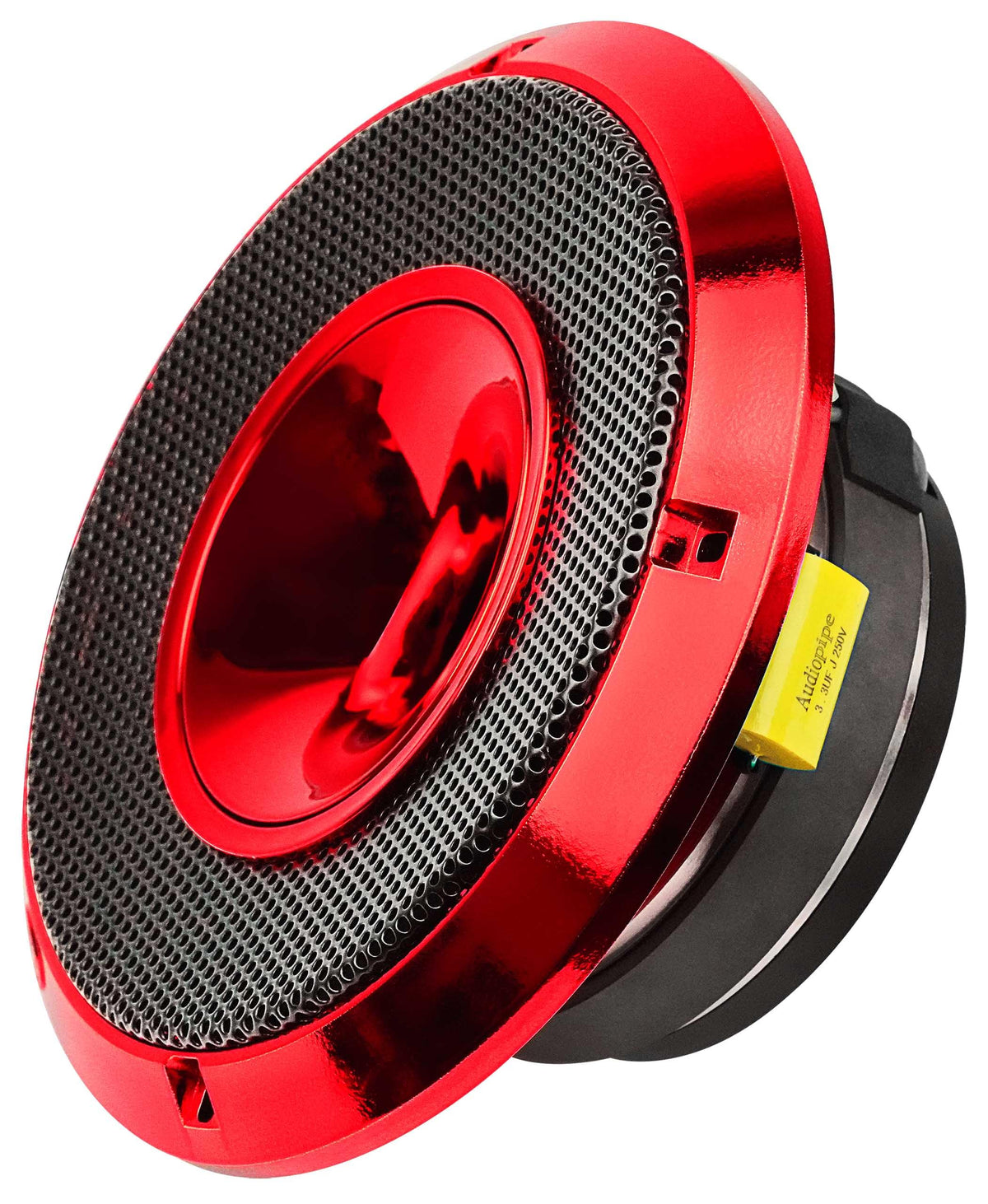 Audiopipe angled shot highlighting candy red finish and Ap logo