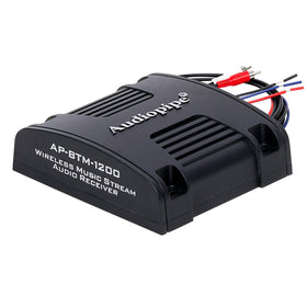 Audiopipe AP-BTM-1200 front panel showing controls and LED indicators for easy setup