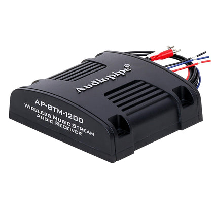 Audiopipe AP-BTM-1200 front panel showing controls and LED indicators for easy setup
