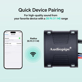 Audiopipe AP-BTM-1200 RCA outputs close-up showing stereo connectors and durable jack benefits