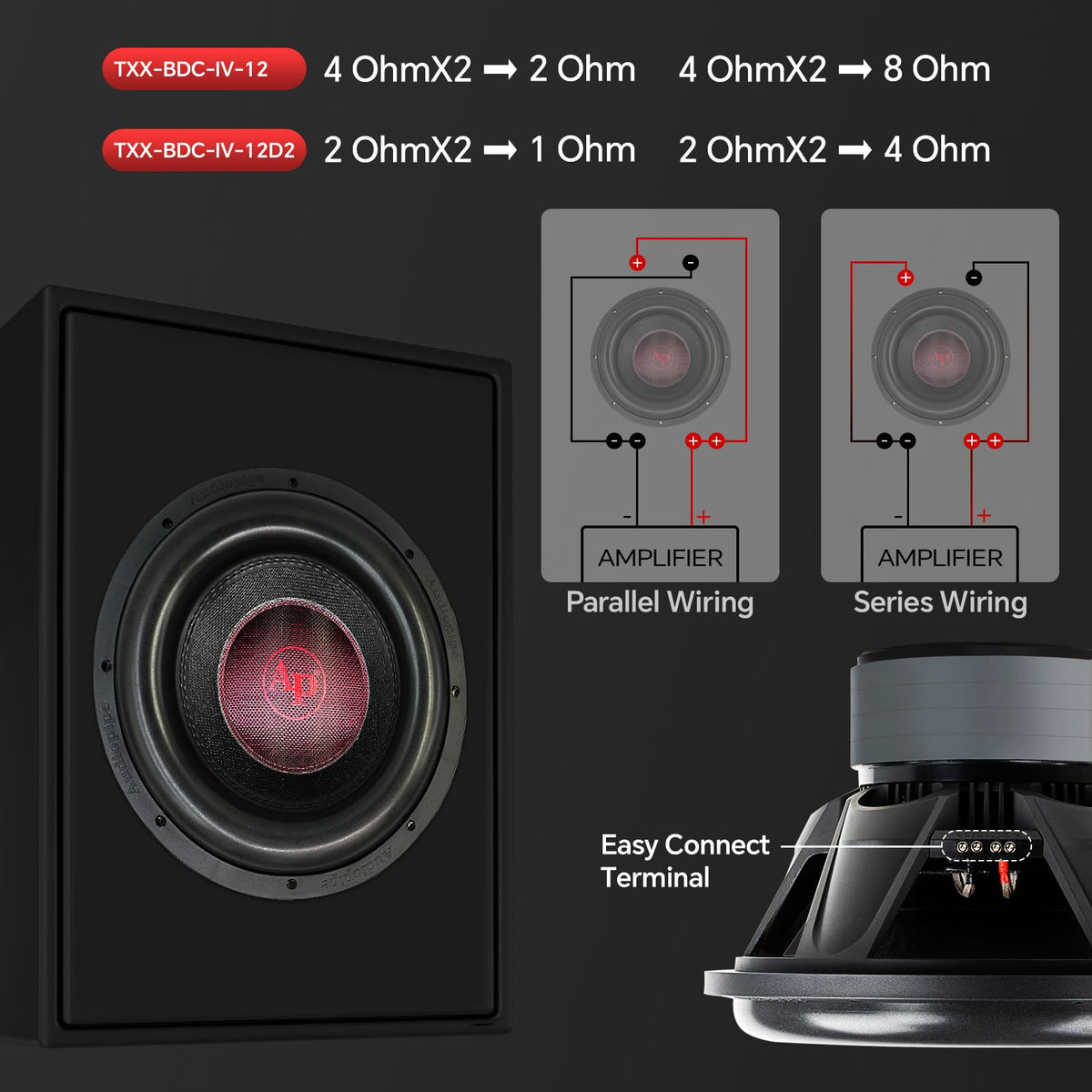 Audiopipe aluminum basket demonstrates rigid, lightweight construction for precise sound.