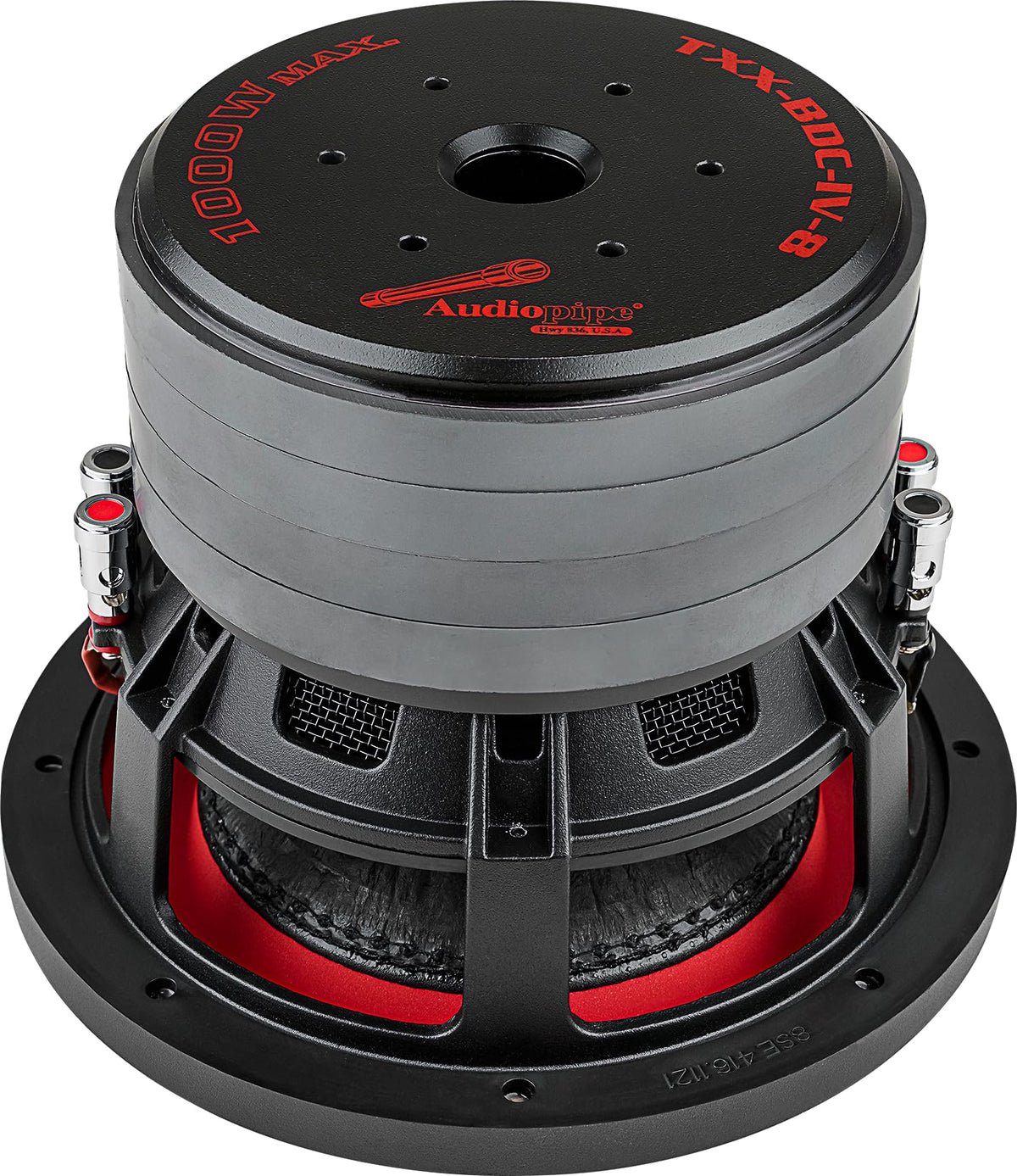 Audiopipe TXX-BDC-IV-8 BASV coil detail emphasizes heat resilience