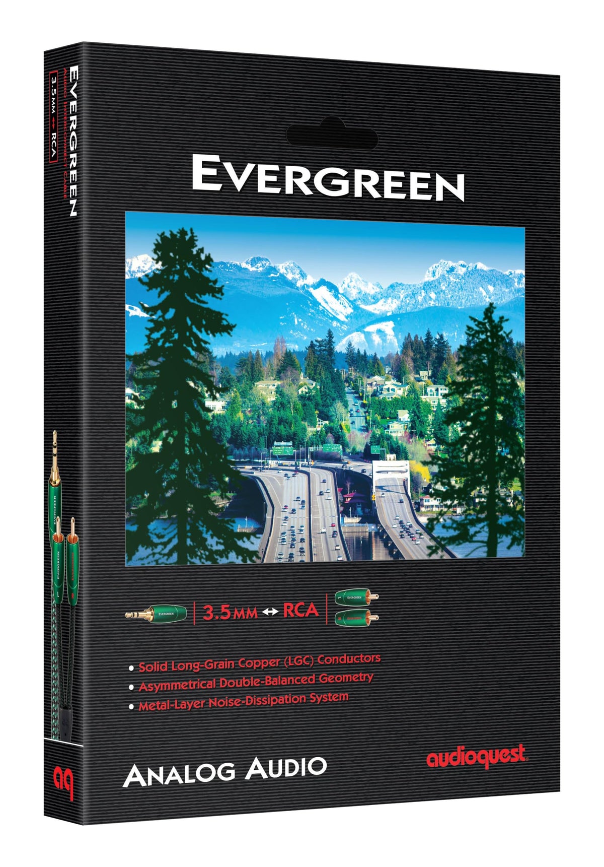 AudioQuest Evergreen close-up showing metal-layer noise-dissipation for clearer sound