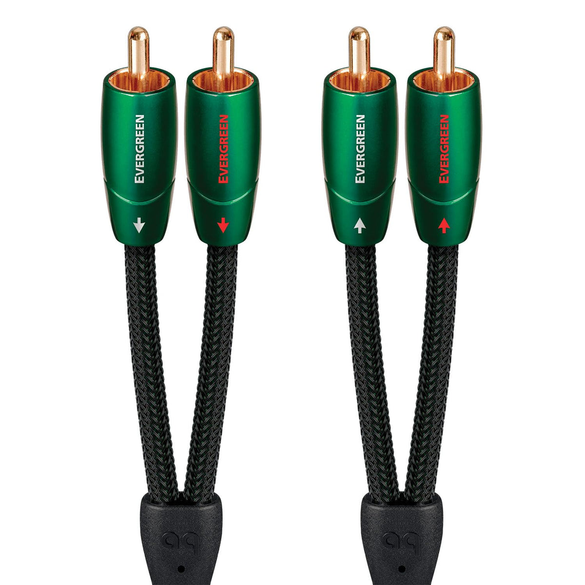 AudioQuest Evergreen RCA cable front view shows solid copper conductors for clear audio