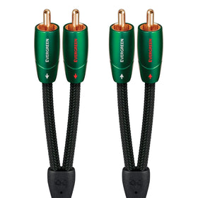 AudioQuest Evergreen RCA cable front view shows solid copper conductors for clear audio