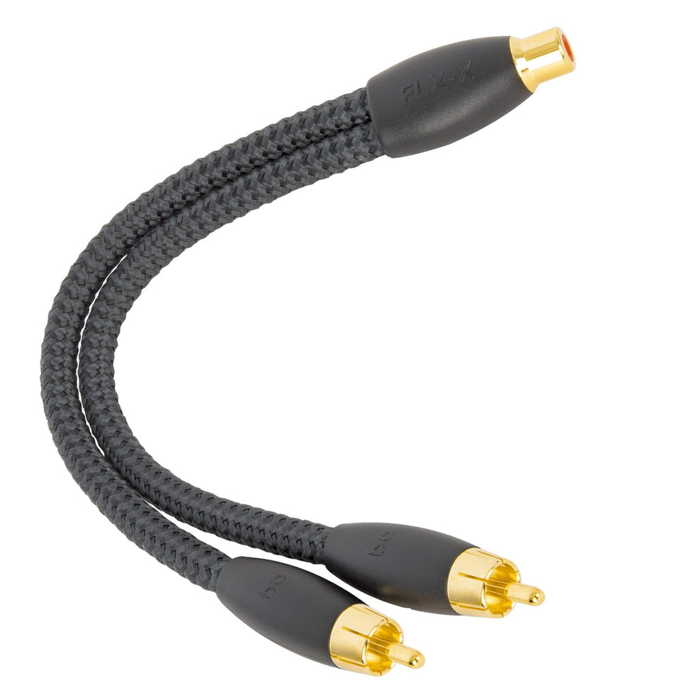 AudioQuest FLX-X F22M RCA splitter with female port for clean, reliable two-male outputs.