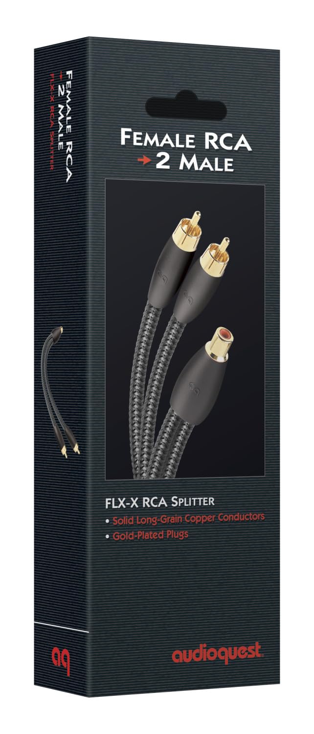 AudioQuest FLX-X F22M RCA splitter showing two male outputs for expanded audio connections and minimized signal loss.