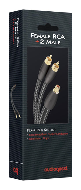 AudioQuest FLX-X F22M RCA splitter showing two male outputs for expanded audio connections and minimized signal loss.