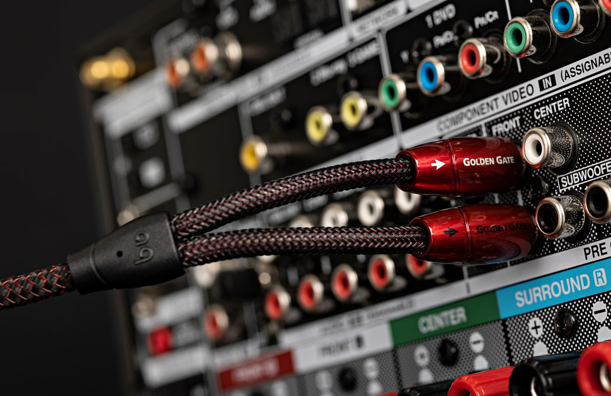 AudioQuest Golden Gate RCA cable coiled for easy setup and neat cable management