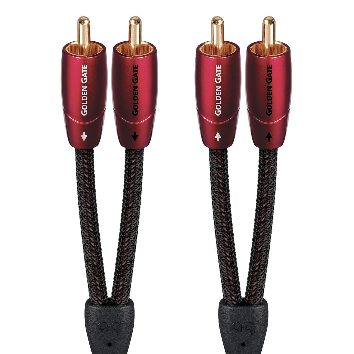 AudioQuest Golden Gate cable close-up of four RCA plugs for accurate stereo connections.
