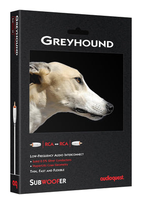 AudioQuest Greyhound subwoofer cable with NDS shielding delivers clear signal transfer for enhanced bass performance.