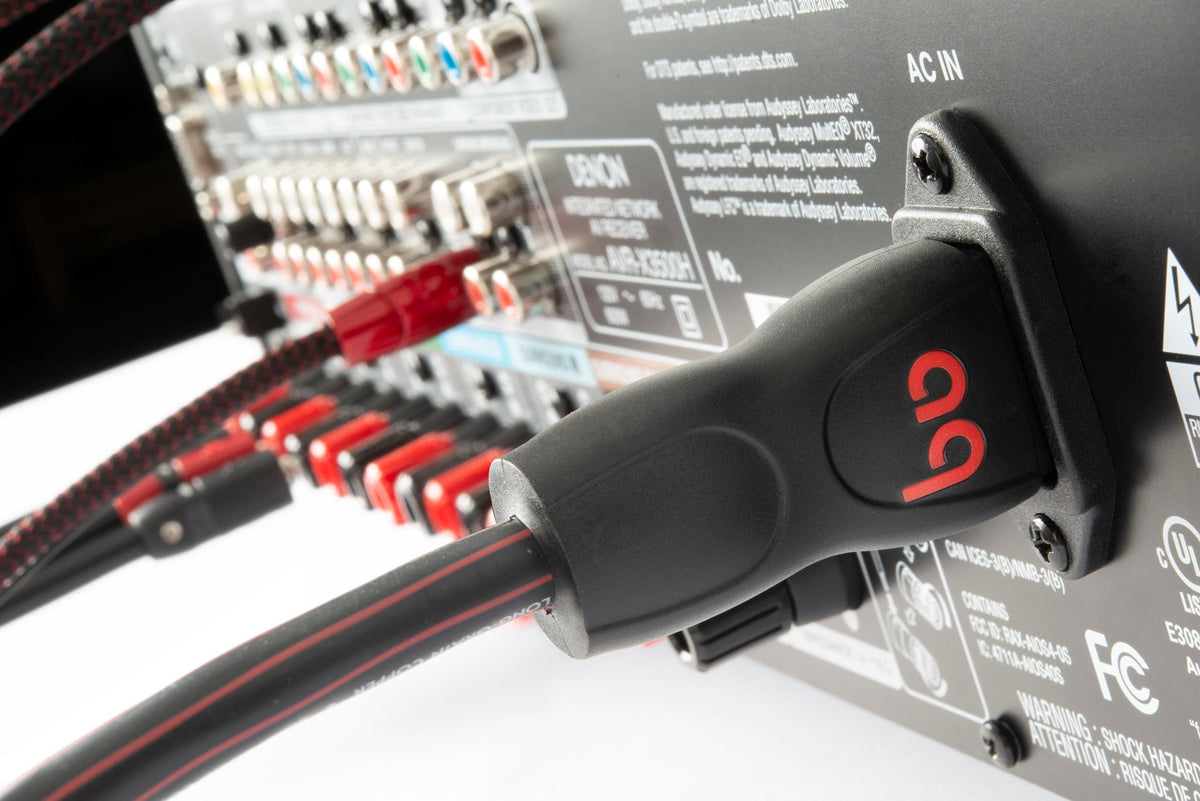 AudioQuest NRG-X3 detail shows direction-controlled conductors and noise-dissipation.
