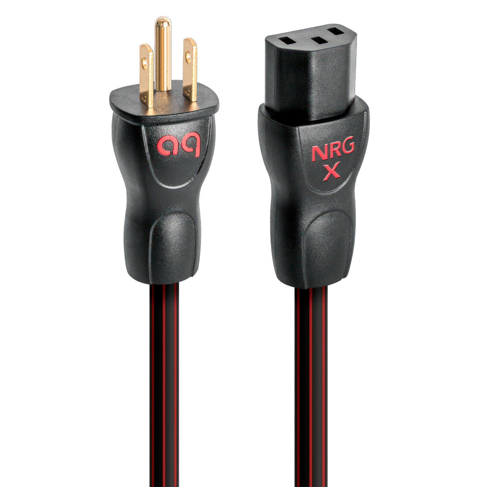 AudioQuest NRG-X3 power cable in use, 1m length, close-up of main connector, showcasing clean design and potential clarity benefits.