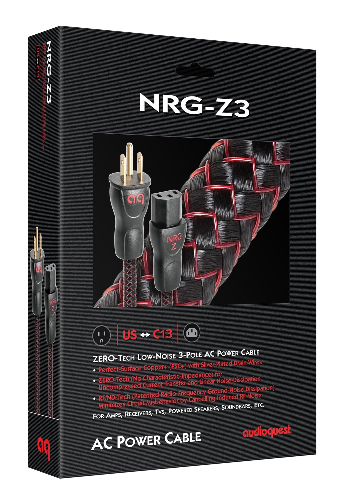 AudioQuest NRG-Z3 semi-solid conductors close-up highlight reduced strand-interaction distortion.