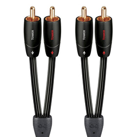 AudioQuest Tower front view showing cable pair and tidy installation benefit