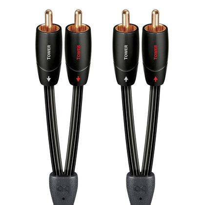 AudioQuest Tower front view showing cable pair and tidy installation benefit