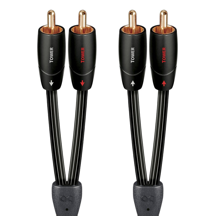 AudioQuest Tower front view showing cable pair and tidy installation benefit