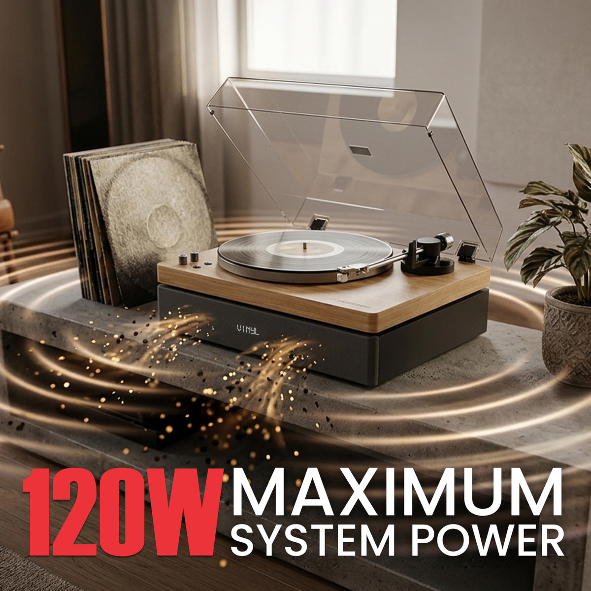 Audiosource vinyl record player Bluetooth connectivity image shows seamless wireless streaming and multipoint pairing