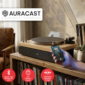 Audiosource built-in subwoofer image highlights deep bass for vinyl playback