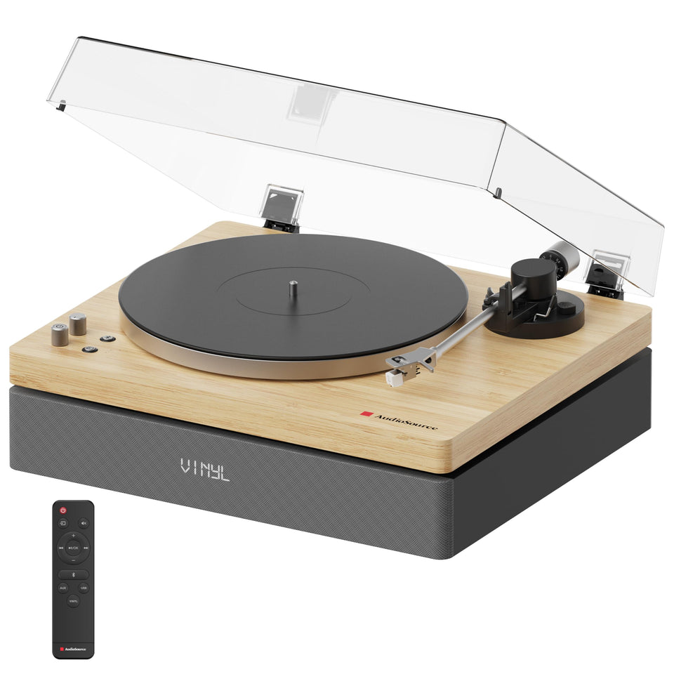 Audiosource vinyl record player main unit front view showcases built-in 120W 2.1 speaker for rich sound