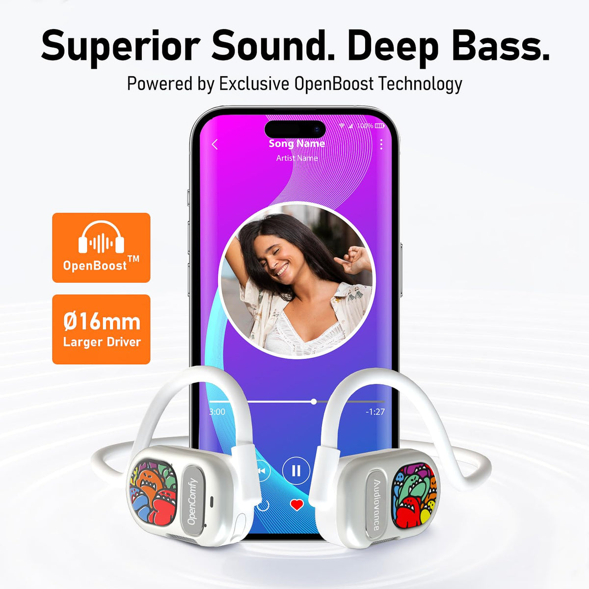 Audiovance OpenComfy CF201 open-ear design keeps ears free for awareness.
