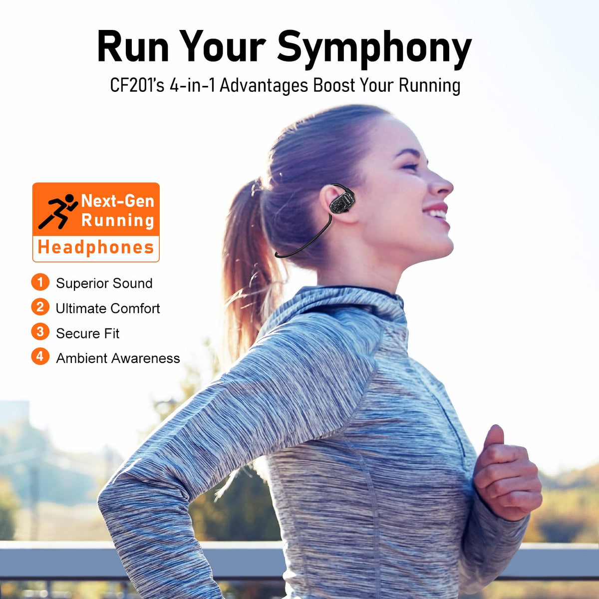 CF201 ergonomic earhooks provide secure fit during intense workouts