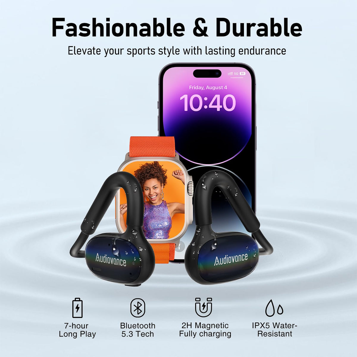 Audiovance OpenComfy CF202 seven-hour battery life supports long runs and workouts.