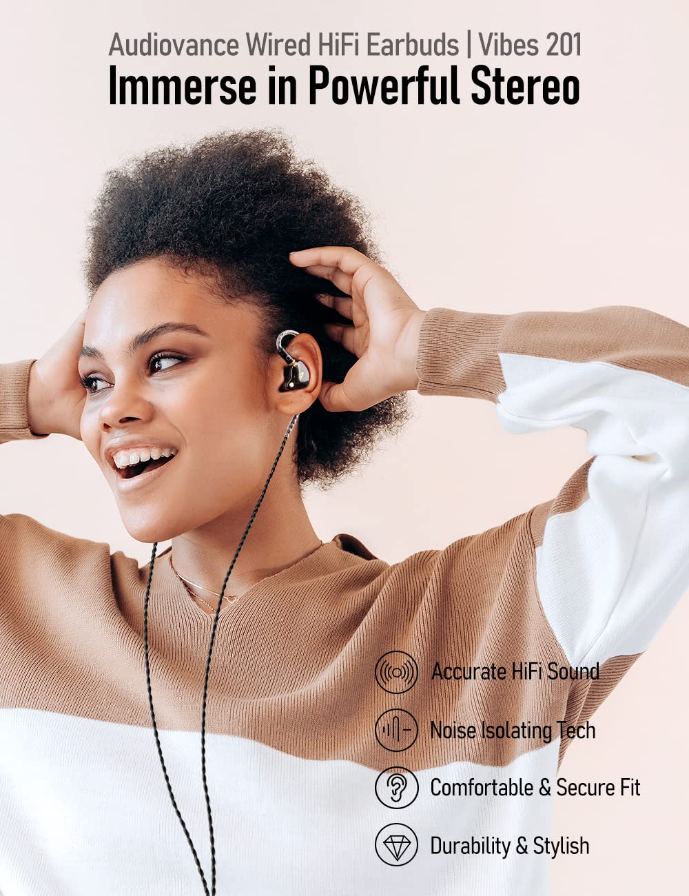 Audiovance Vibes 201 braided cord reduces tangles during travel.
