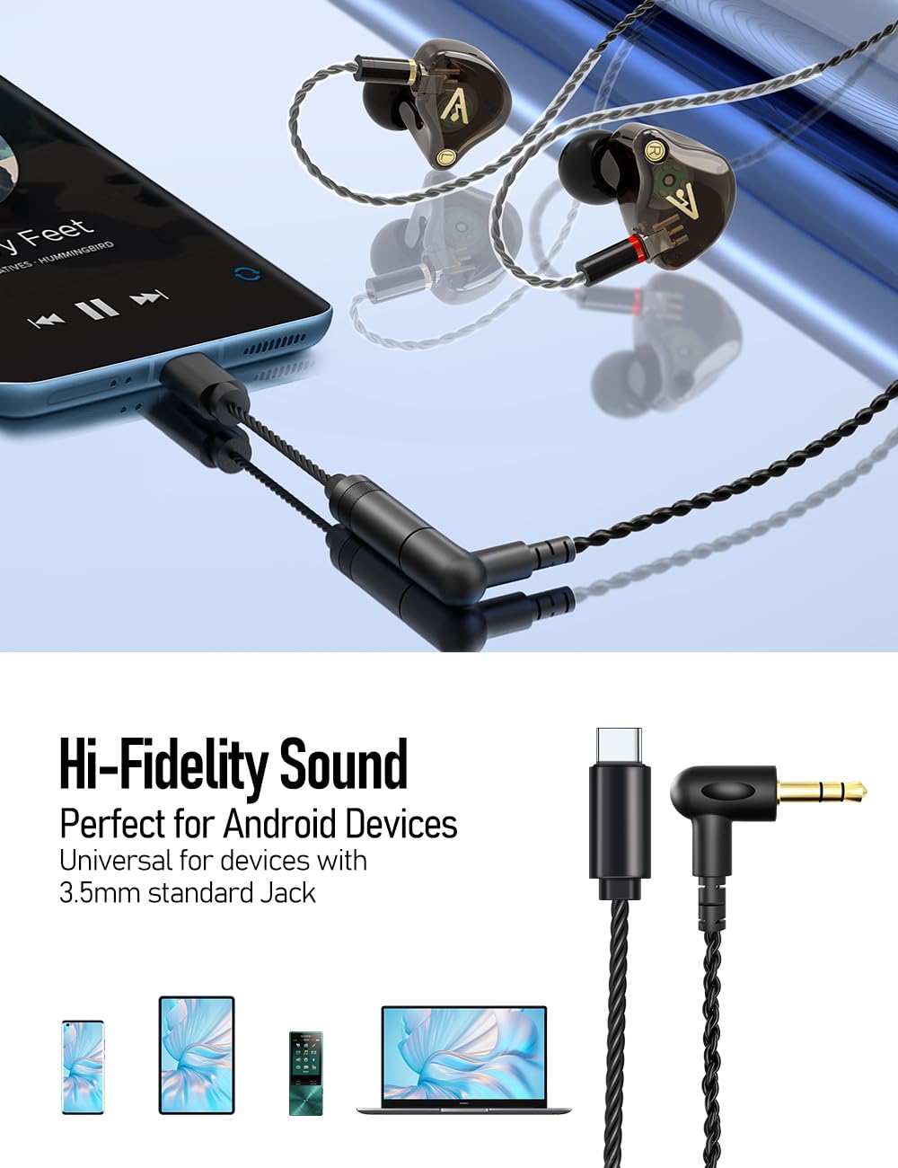 Audiovance earhooks and three tip sizes displayed for secure fit and customized seal