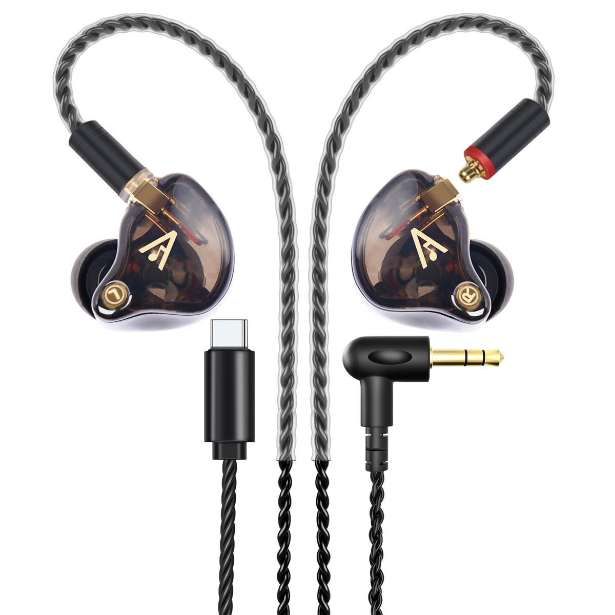 Audiovance earbuds front view showing clear brown housings and design benefit: stylish durability