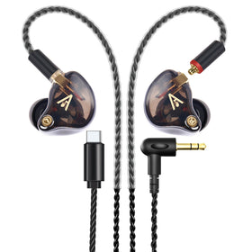 Audiovance earbuds front view showing clear brown housings and design benefit: stylish durability