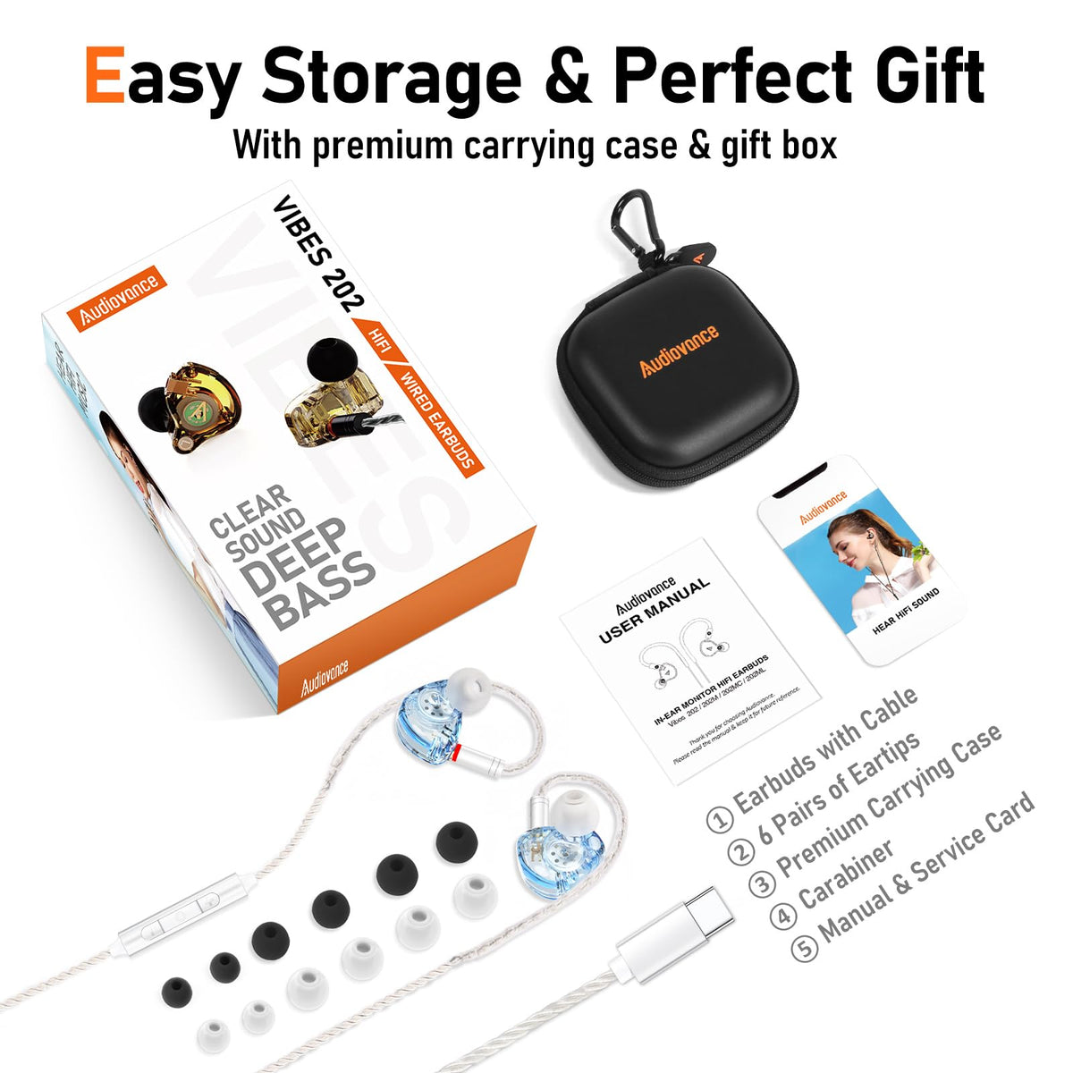 Audiovance earbuds in-ear fit on model showing secure over-ear hook benefit