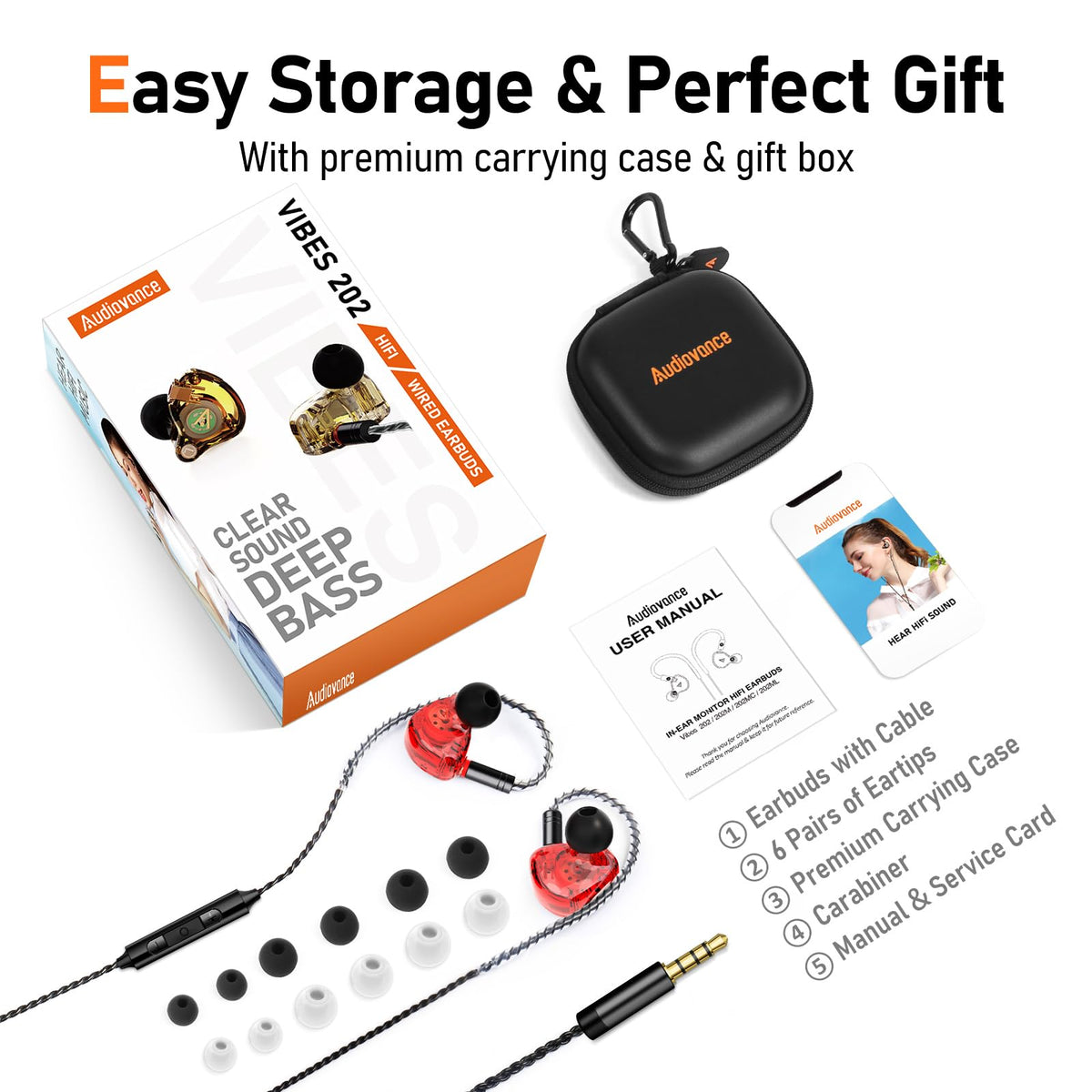 Audiovance earbuds worn over-ear in lifestyle scene for secure fit benefit