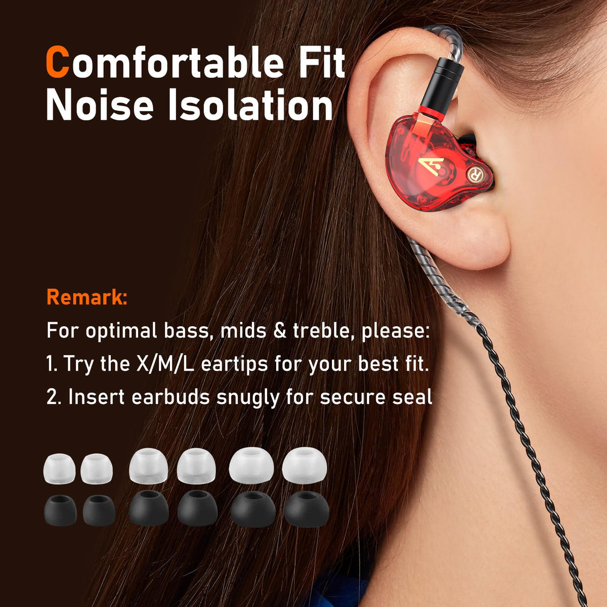 Audiovance earbuds beside a finger for scale to show compact size