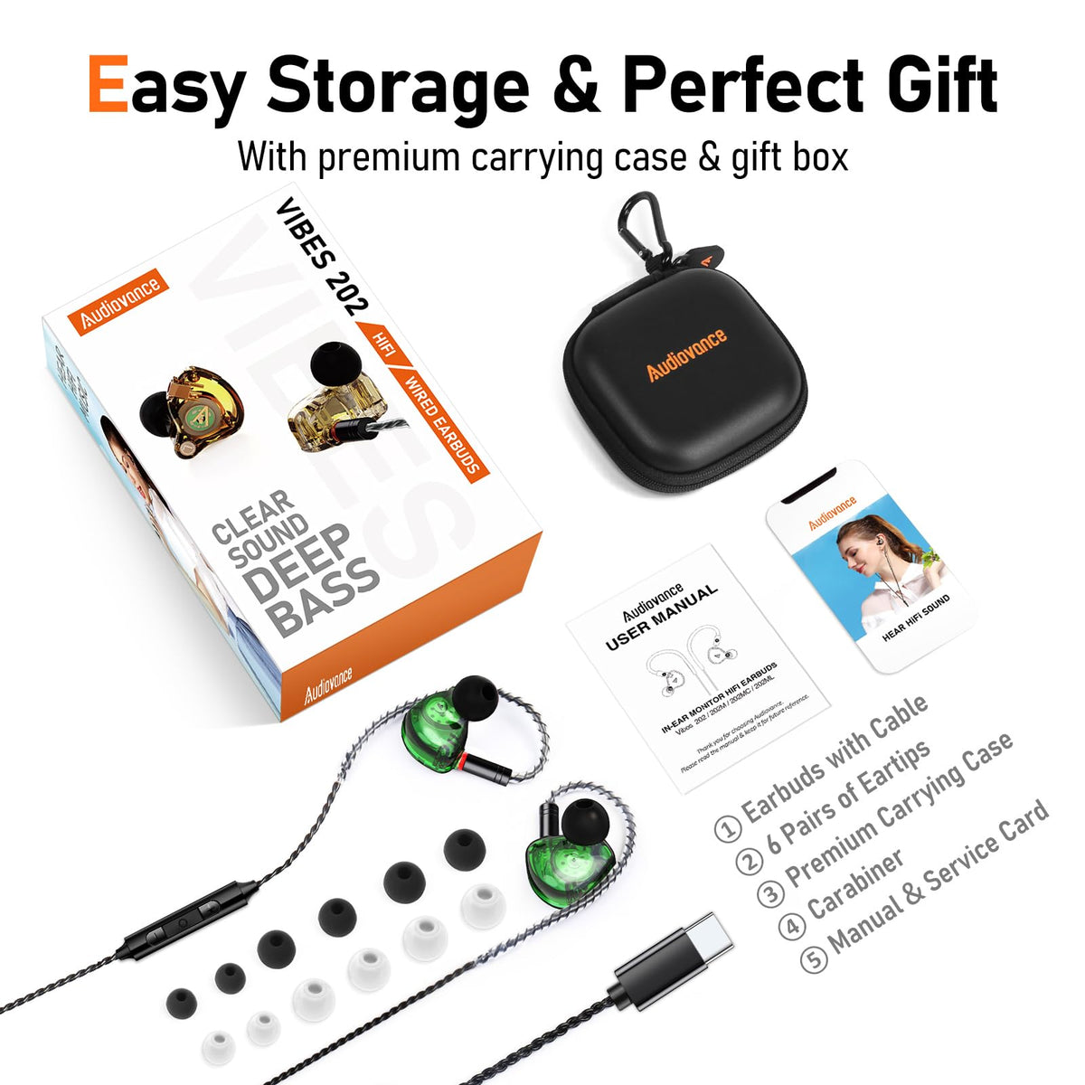 Audiovance Vibes 202MC carrying case open to organize earbuds and extras